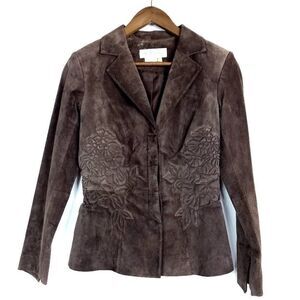 Margaret Godfrey Brown Genuine Suede Leather Floral Embroidered Jacket S…